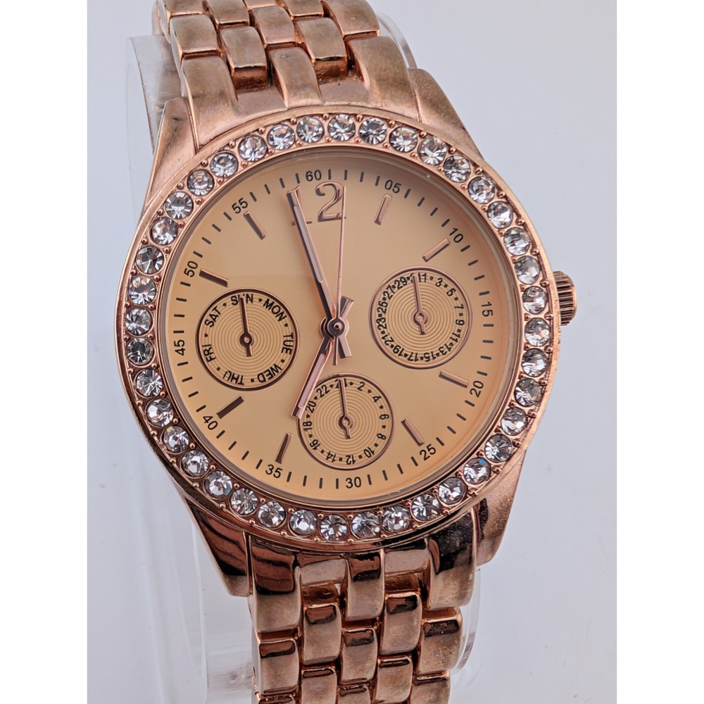 Rose Gold Women's Quartz Watch 35mm Case Crystal Bezel‎ 7.25" Band- New Battery